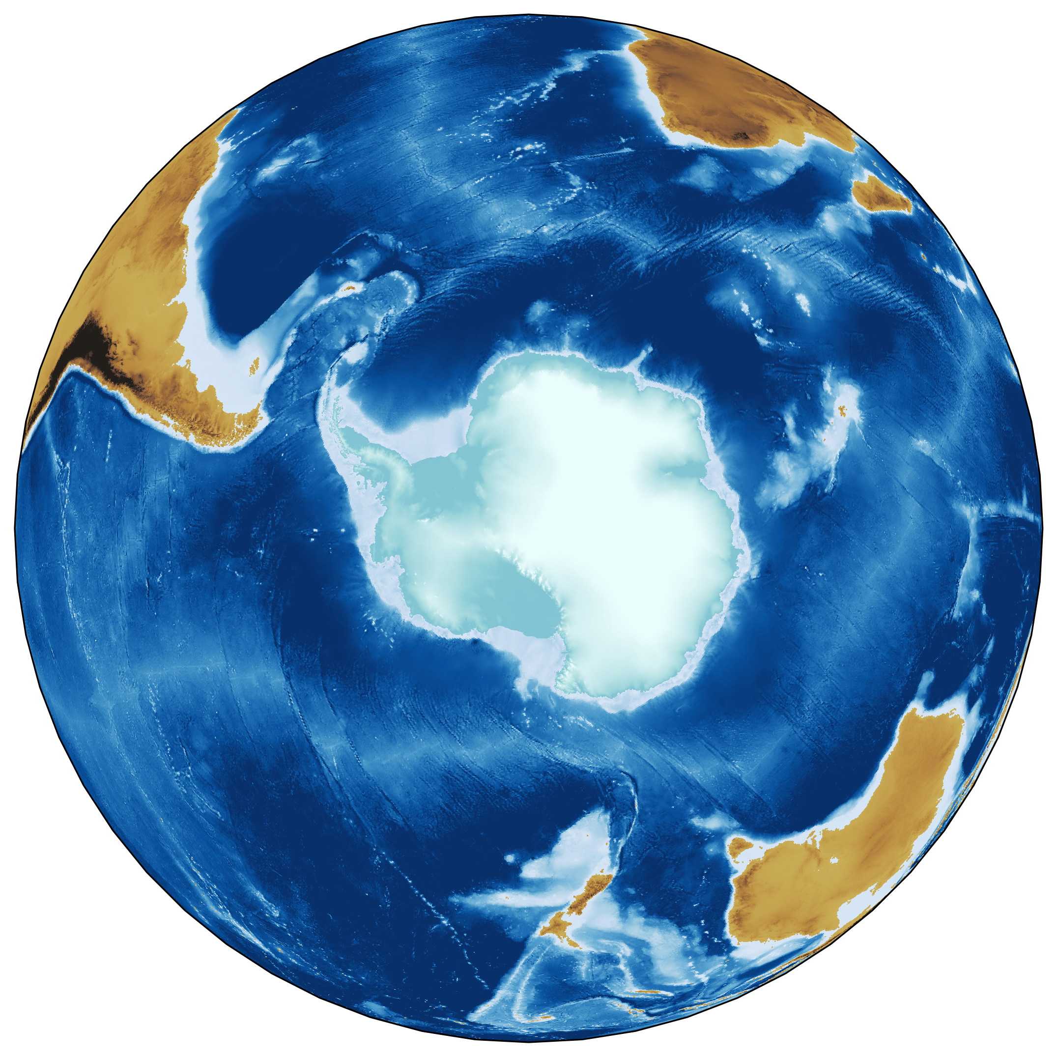 A map of Antarctica on an orthographic projection showing the depth of the seabed, the surface elevation of the ice sheets, and the bedrock over the other continents.